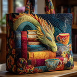 Handcrafted Tote Bag - Dragon Enthusiast with Books and Mugs Design
