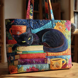 Handcrafted Bag - Black Cat Surrounded by Books and Mugs