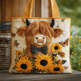 Highland Cow and Sunflower Quilted Tote Bag