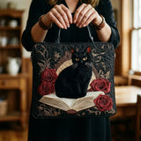 Handcrafted Quilted Bag - Black Cat Among Books