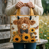Highland Cow and Sunflower Quilted Tote Bag